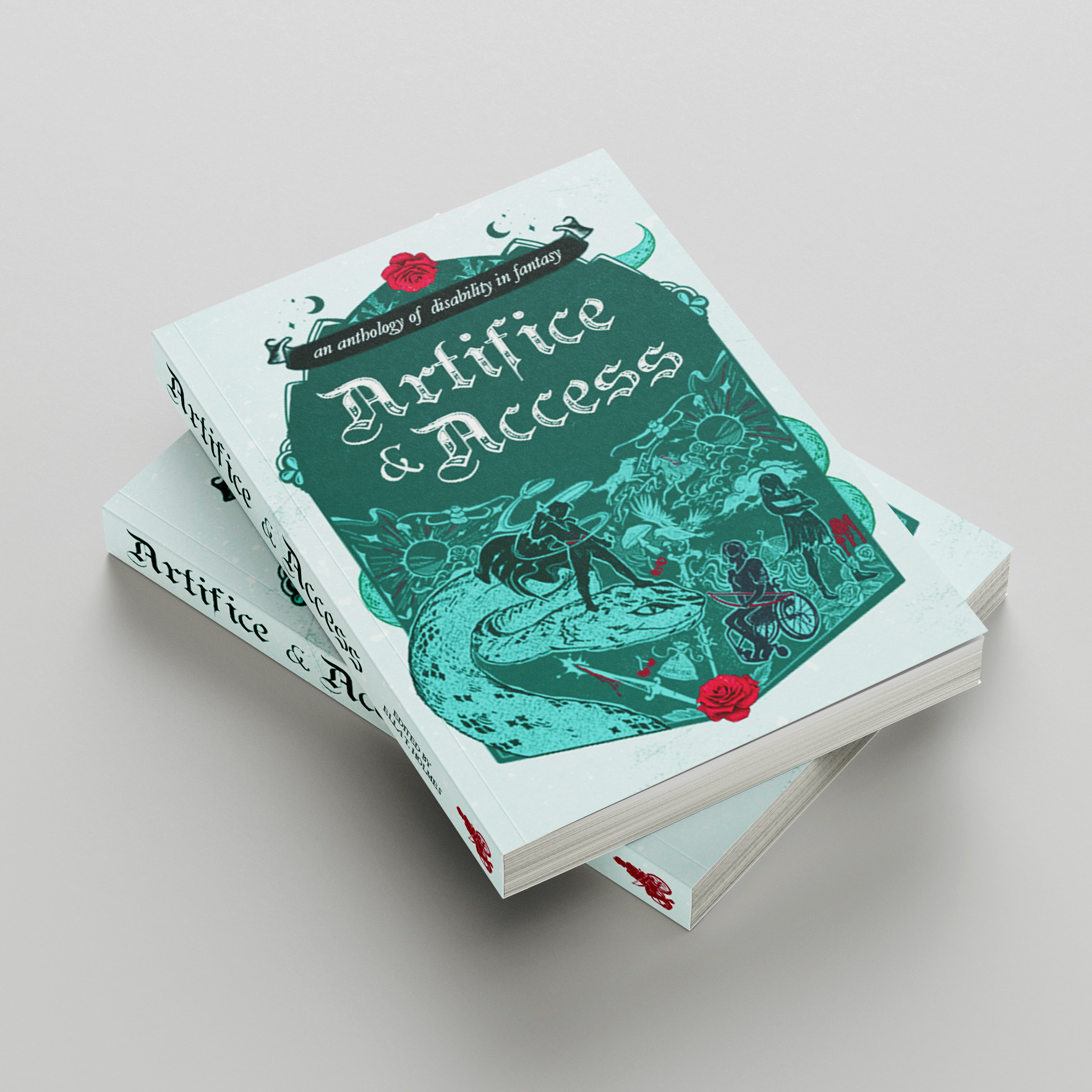 Two books from the anthology lying piled on a white table